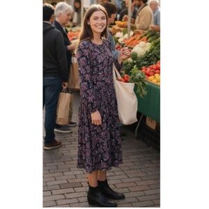 VTG 90s Komil Dark Floral Midi Dress L Long Sleeve Boho Cottage Pocket Button Up